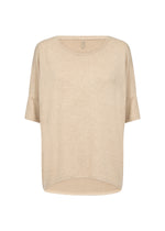 Load image into Gallery viewer, Beige sweater blouse featuring a relaxed fit, 3/4 sleeve, and round neckline. 
