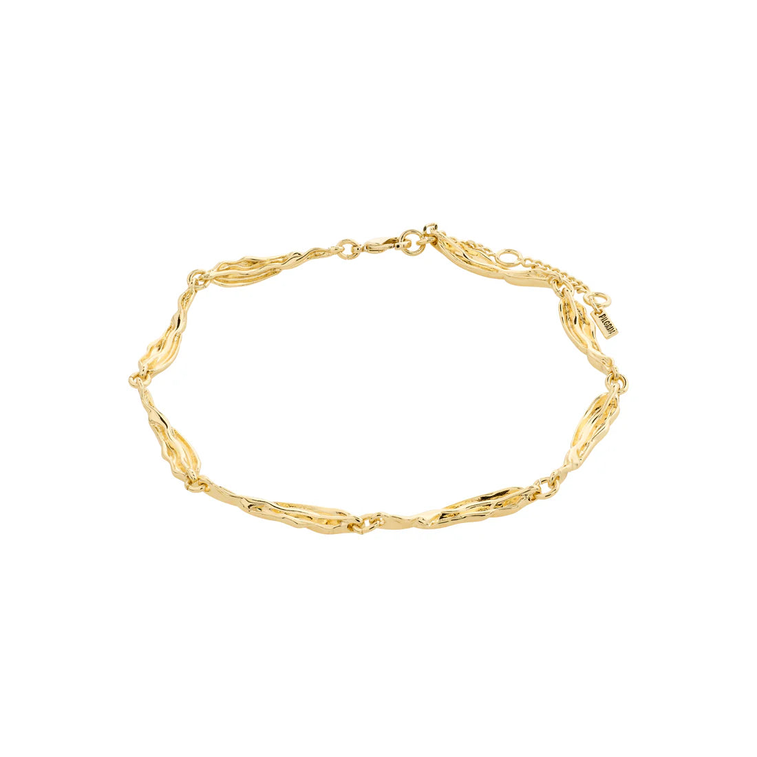 Gold-plated anklet, with elongated links in an organic design inspired by nature's lovely forms, creating a unique, summery look.