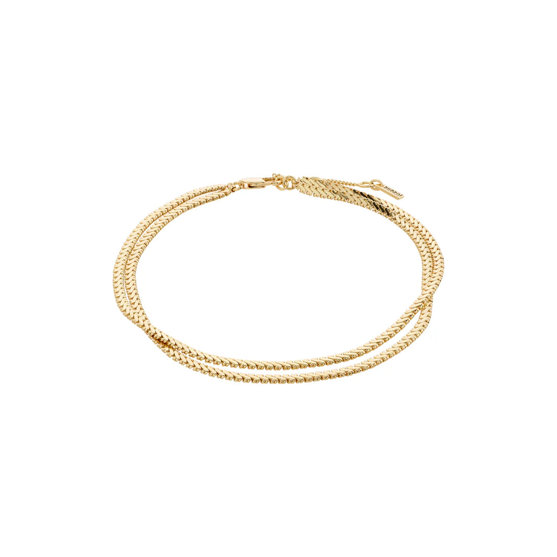 Ankle bracelet featuring two flat snake chains, also known as Herringbone chains, in gold. 