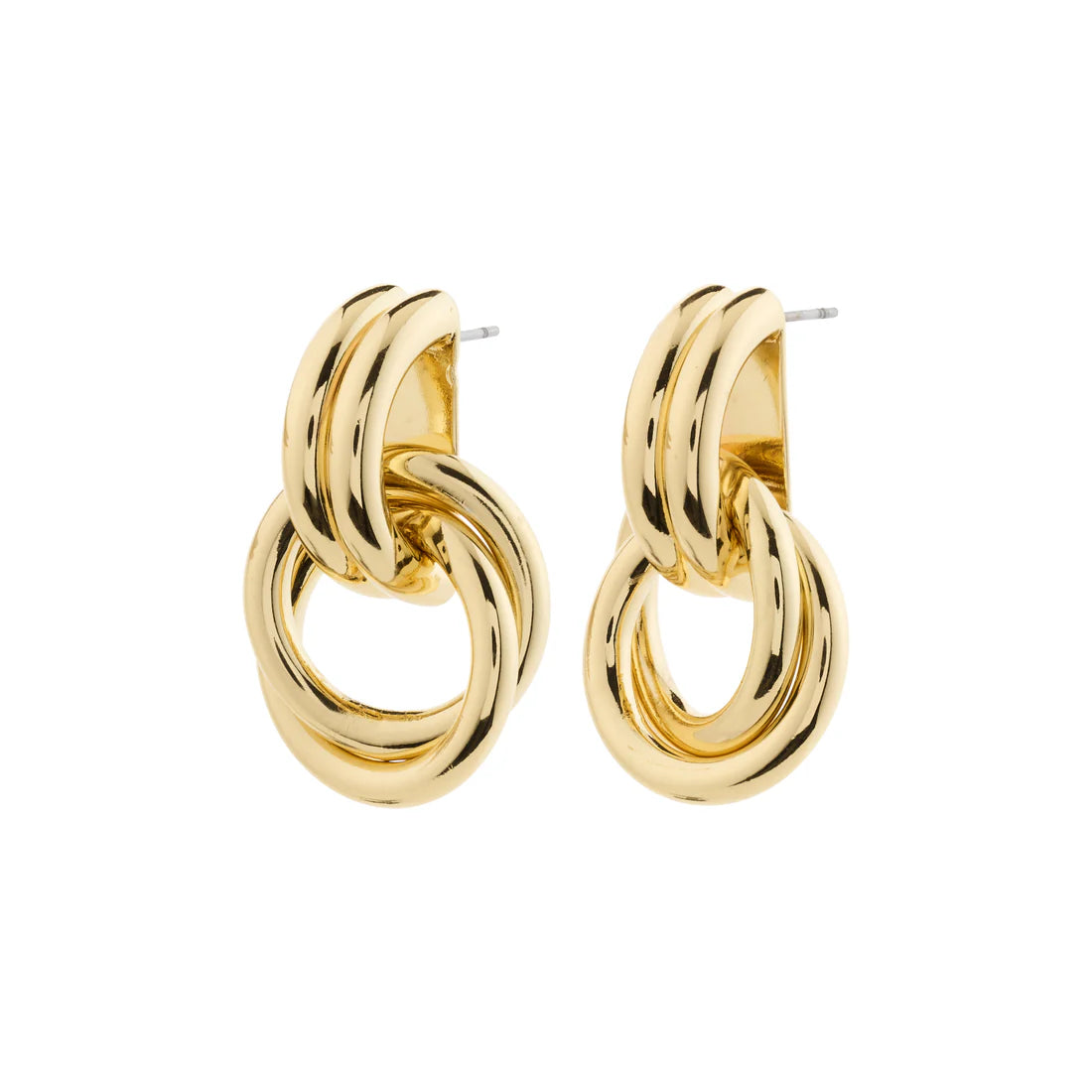 Gold stud closure earring with half hoop and knot detail. 