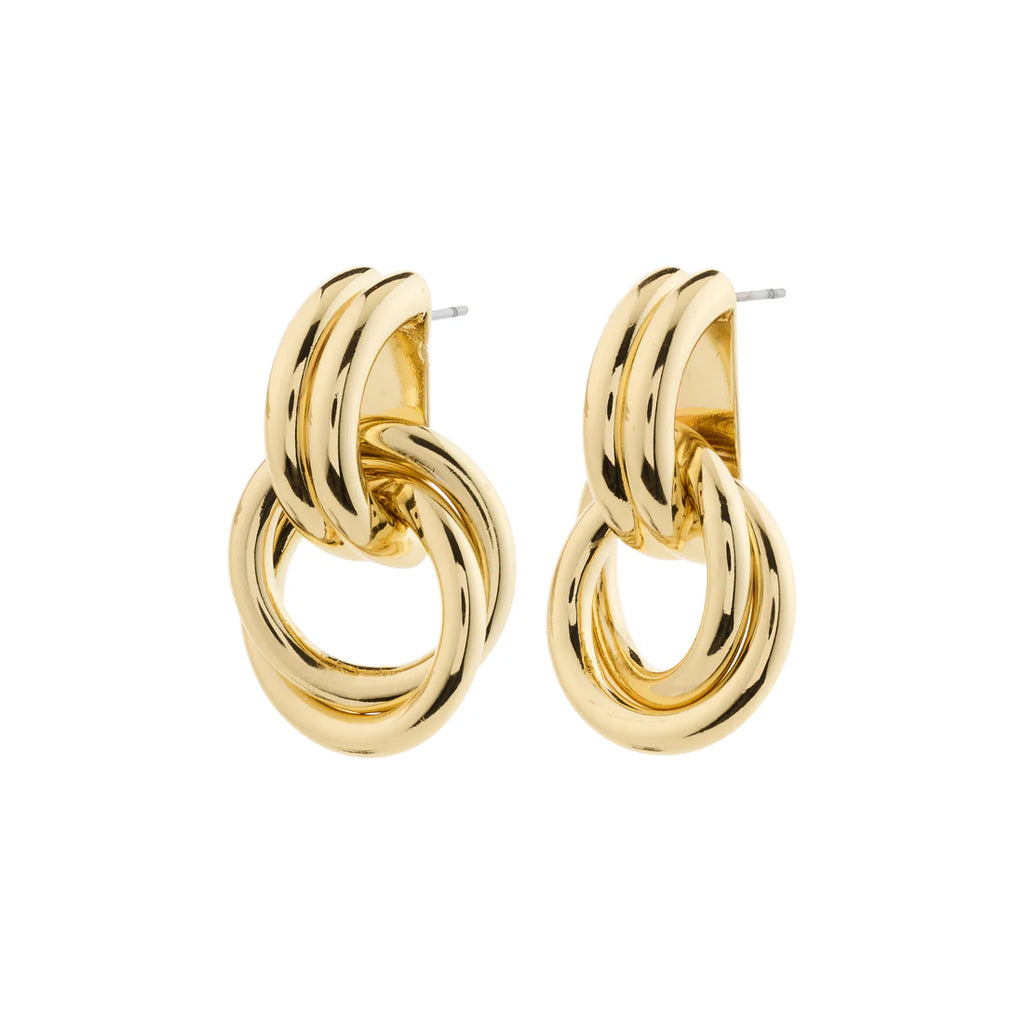Gold stud closure earring with half hoop and knot detail. 
