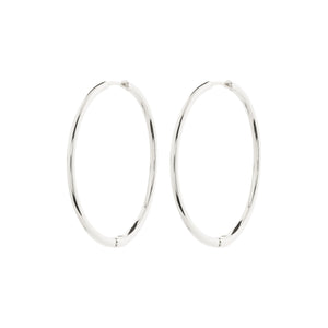 Pair of silver hoop earrings on a white background
