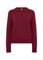 Load image into Gallery viewer, Dark red pullover with a classic collar with a button-up detail and ribbed cuffs. 
