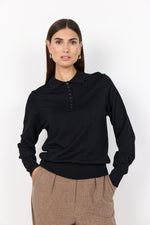 Load image into Gallery viewer, Black DOLLIE 799 Pullover features a classic collar with a button-up detail and ribbed cuffs.
