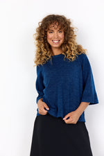 Load image into Gallery viewer, Blue sweater pullover features a round neck and 3/4 length wide sleeves.
