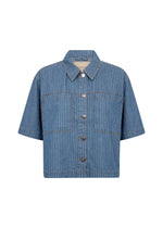 Load image into Gallery viewer, Blue denim short sleeve button up shirt on a white background
