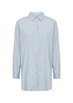 Load image into Gallery viewer, Light blue and white striped shirt on a white background
