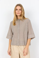 Load image into Gallery viewer, Brown checkered button up shirt with a classic collar and 3/4 length sleeves. 

