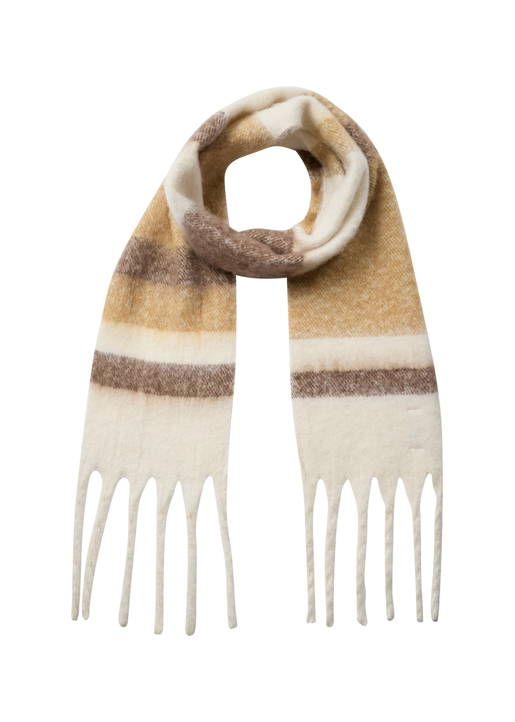 Plaid scarf with beige, brown, and white colors on a white background