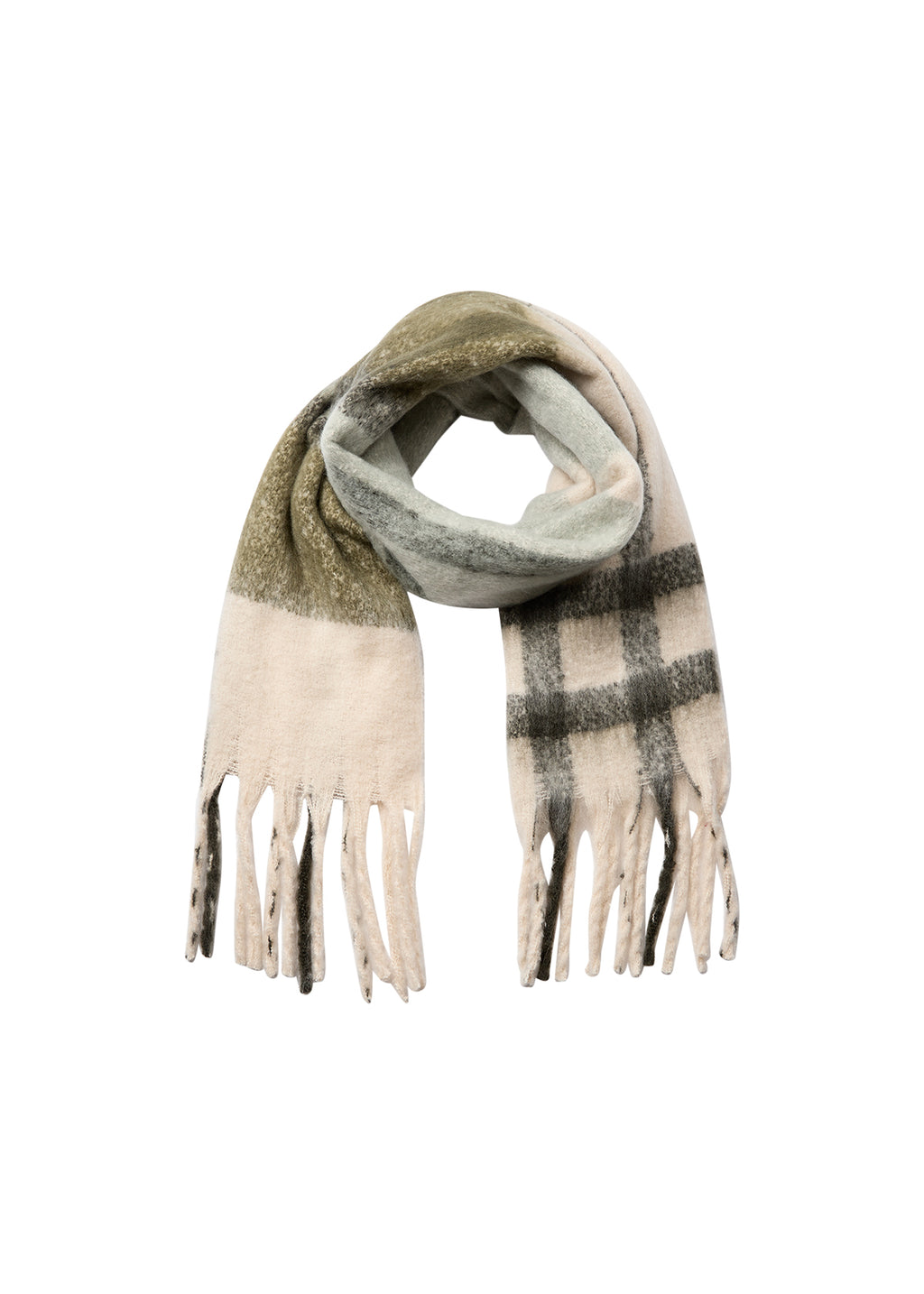 Plaid scarf with fringes on a white background