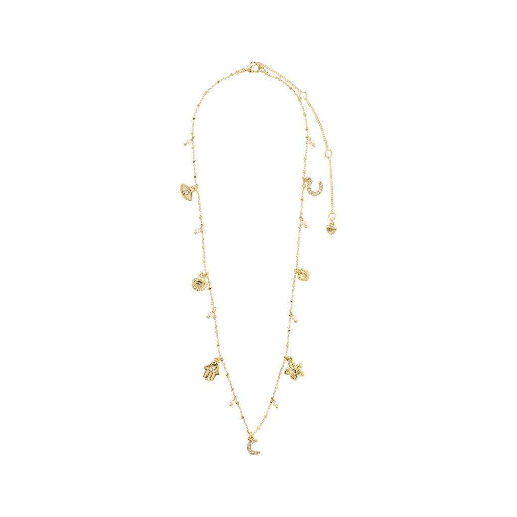 Gold necklace with various charms on a white background