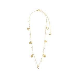 Gold necklace with various charms on a white background