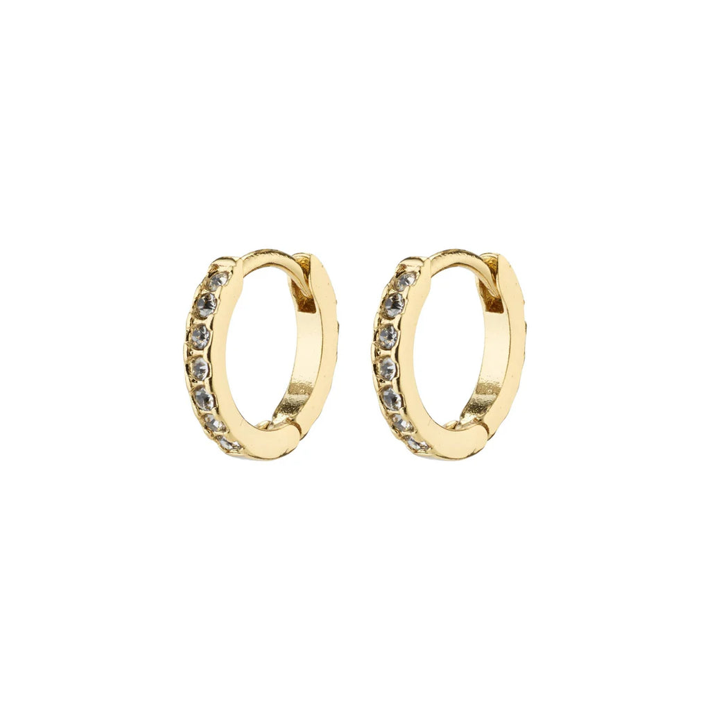 Gold hoop earrings with embedded stones on a white background