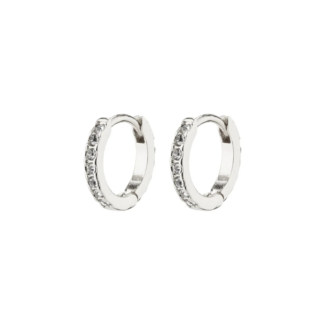 Pair of silver hoop earrings with embedded stones on a white background