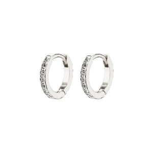 Pair of silver hoop earrings with embedded stones on a white background