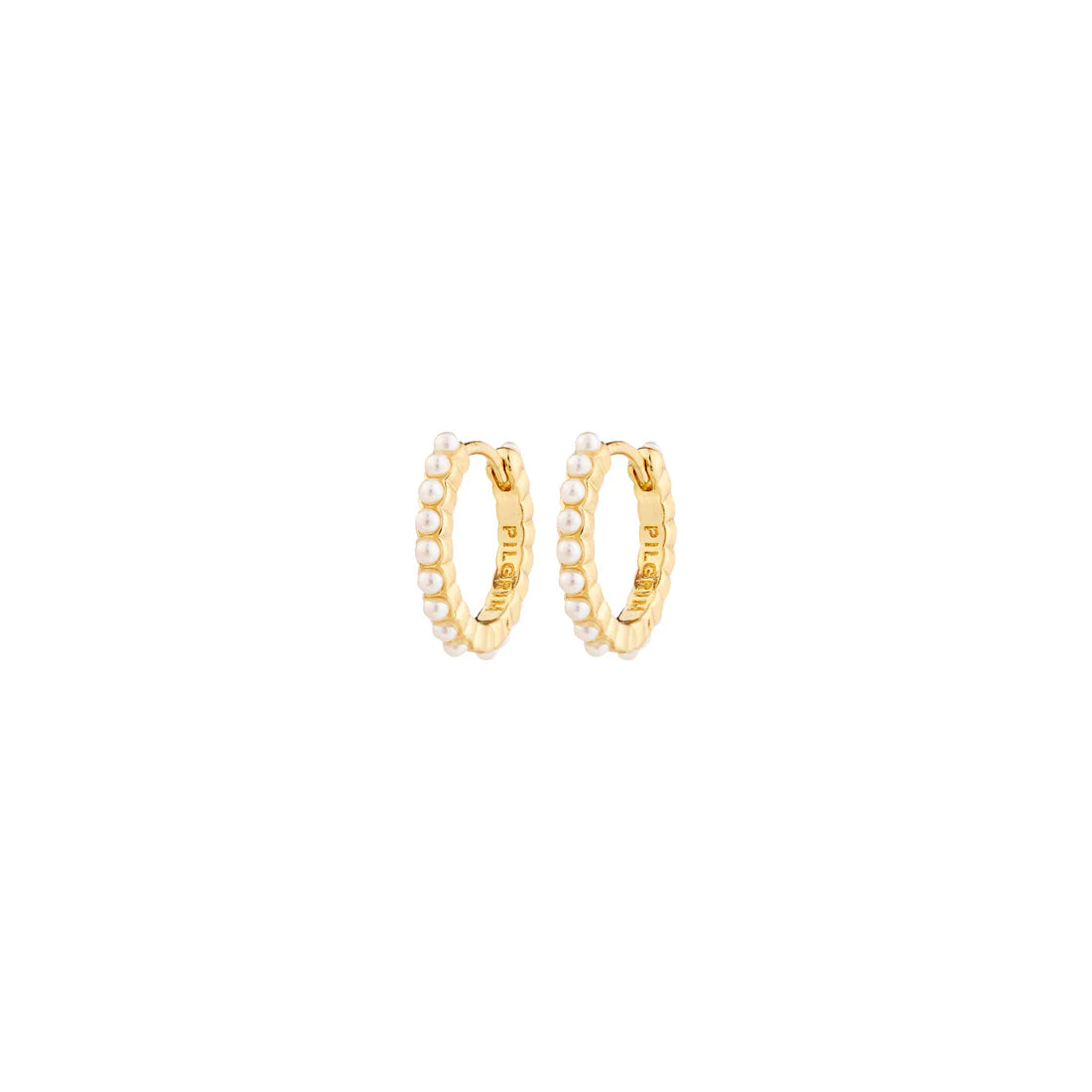 Gold pearl hoop earrings on a white background