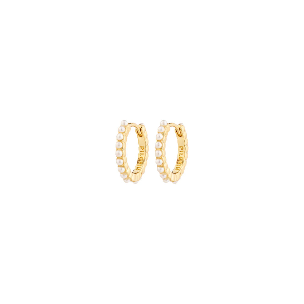 Gold pearl hoop earrings on a white background