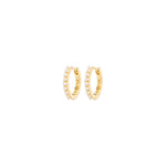 Load image into Gallery viewer, Gold pearl hoop earrings on a white background
