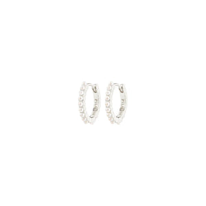 Pair of silver pearl hoop earrings on a white background