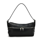 Load image into Gallery viewer, Black vegan leather shoulder bag with front zipper detail. 
