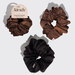 Load image into Gallery viewer, Two brown scrunchies and one black scrunchie on a white background with 'Kitsch' branding.
