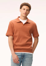 Load image into Gallery viewer, Man wearing a brown-orange polo shirt and blue jeans on a white background

