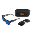 Load image into Gallery viewer, Sunglasses with blue-tinted lenses and black frame, including a black case with 'SPY' logo on a white background.
