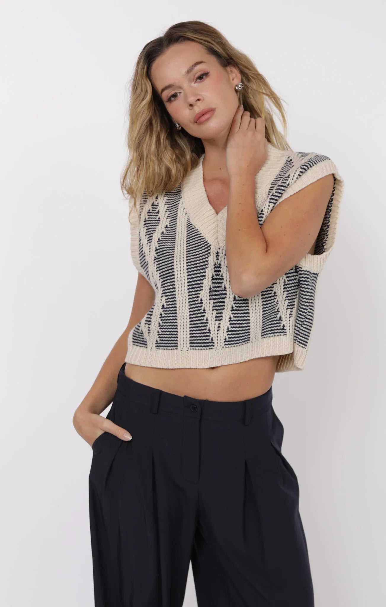 SAGE THE LABEL Macy Two Tone Cable Knit Sweater Vest