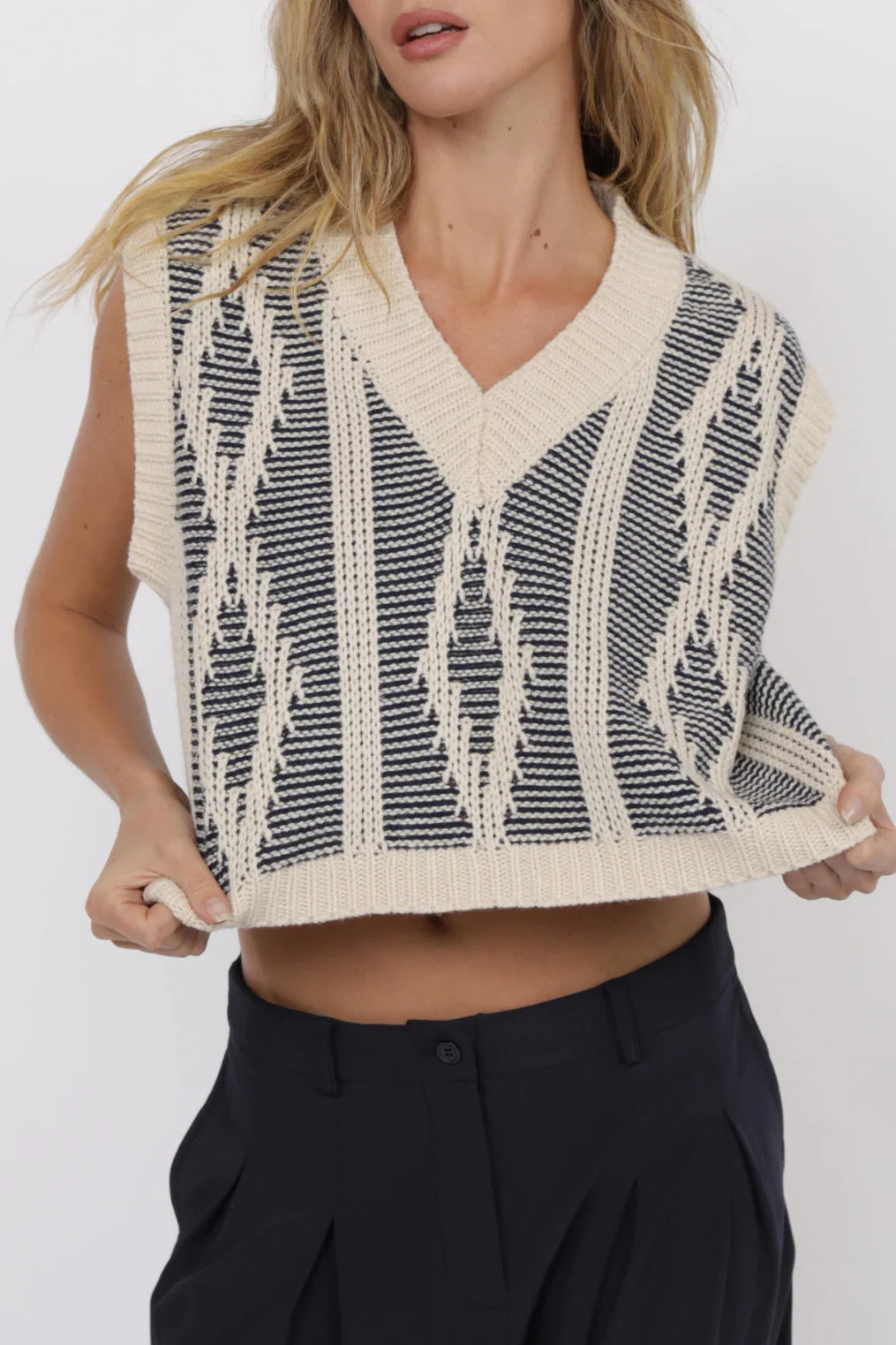 SAGE THE LABEL Macy Two Tone Cable Knit Sweater Vest