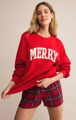 Load image into Gallery viewer, Red crewneck sweatshirt with graphic Merry on chest

