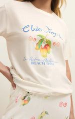 Load image into Gallery viewer, White t-shirt with tropical fruit design and text on a plain background

