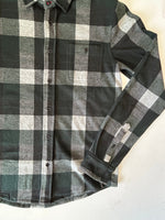 Load image into Gallery viewer, Plaid shirt with olive and grey pattern on a white background
