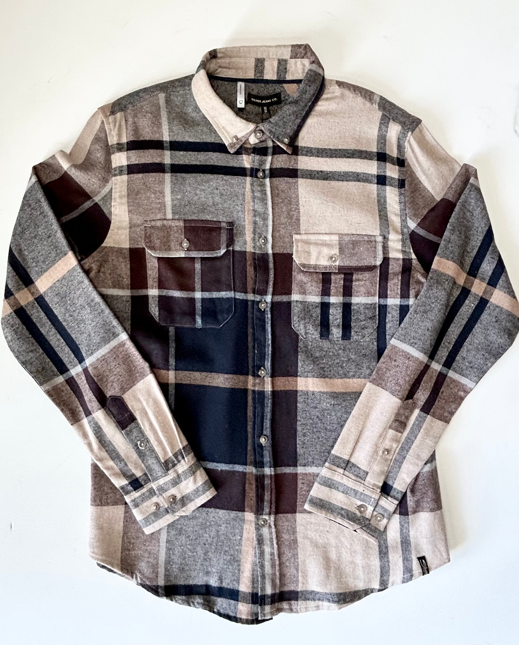 Plaid shirt with a pattern of brown, gray, and beige on a white background