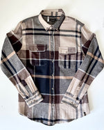 Load image into Gallery viewer, Plaid shirt with a pattern of brown, gray, and beige on a white background
