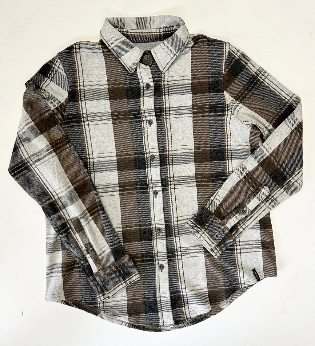 Plaid shirt with brown, gray, and white pattern on a white background