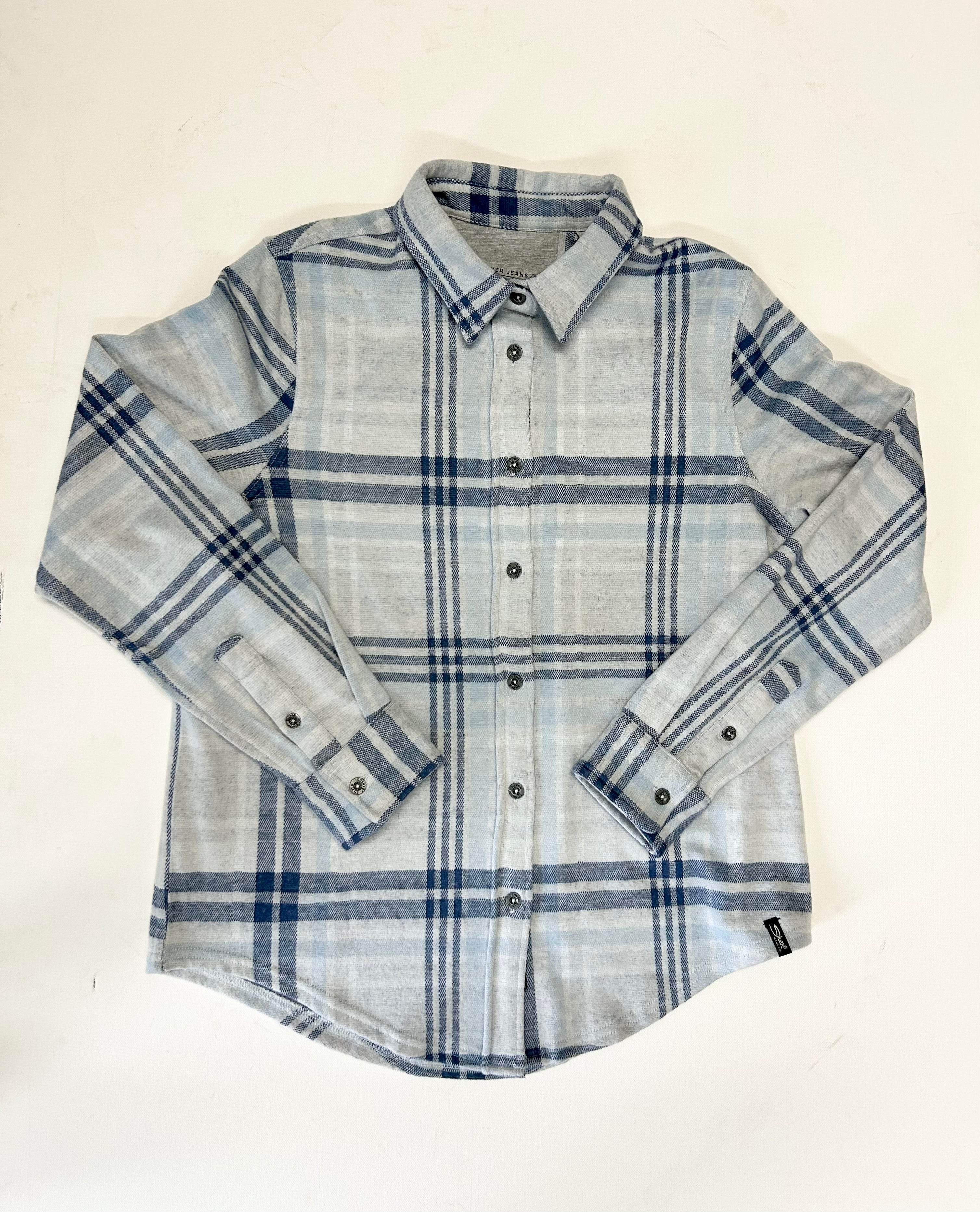 Plaid shirt with blue and gray pattern on a white background