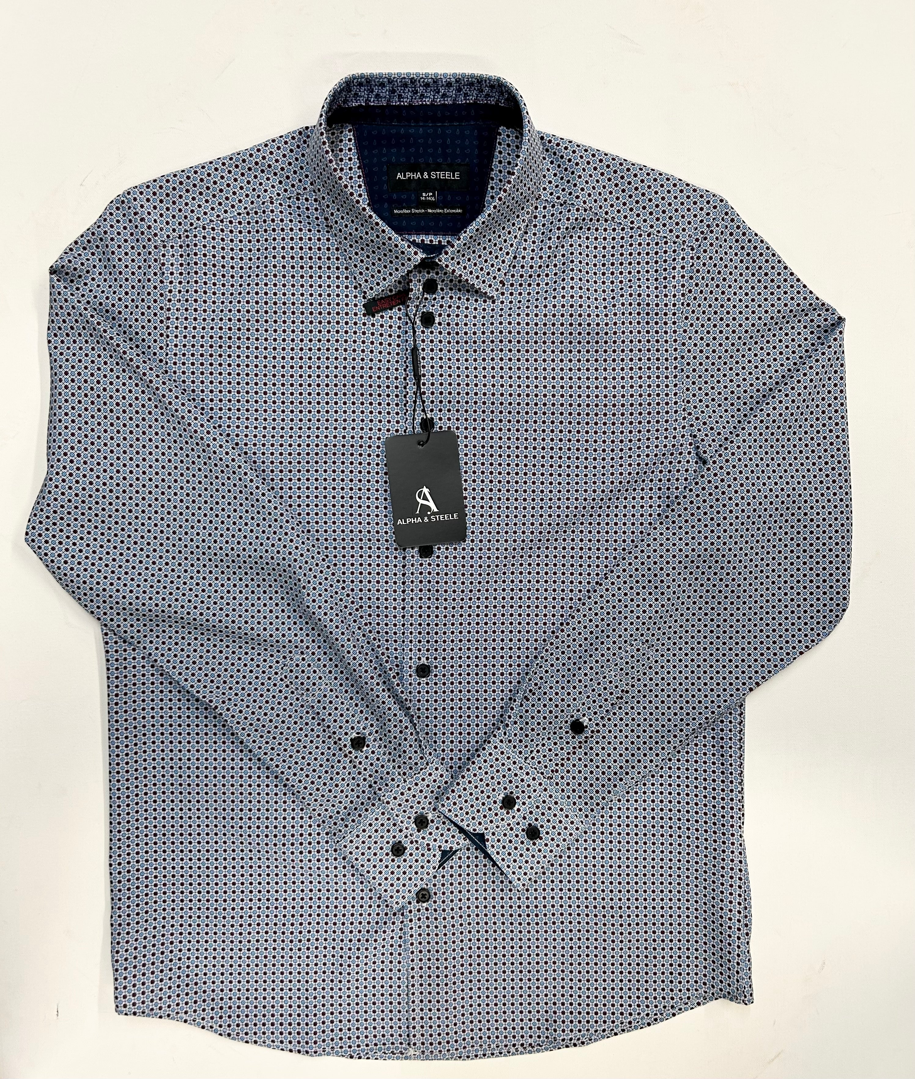 Patterned shirt with a tag on a light gray background