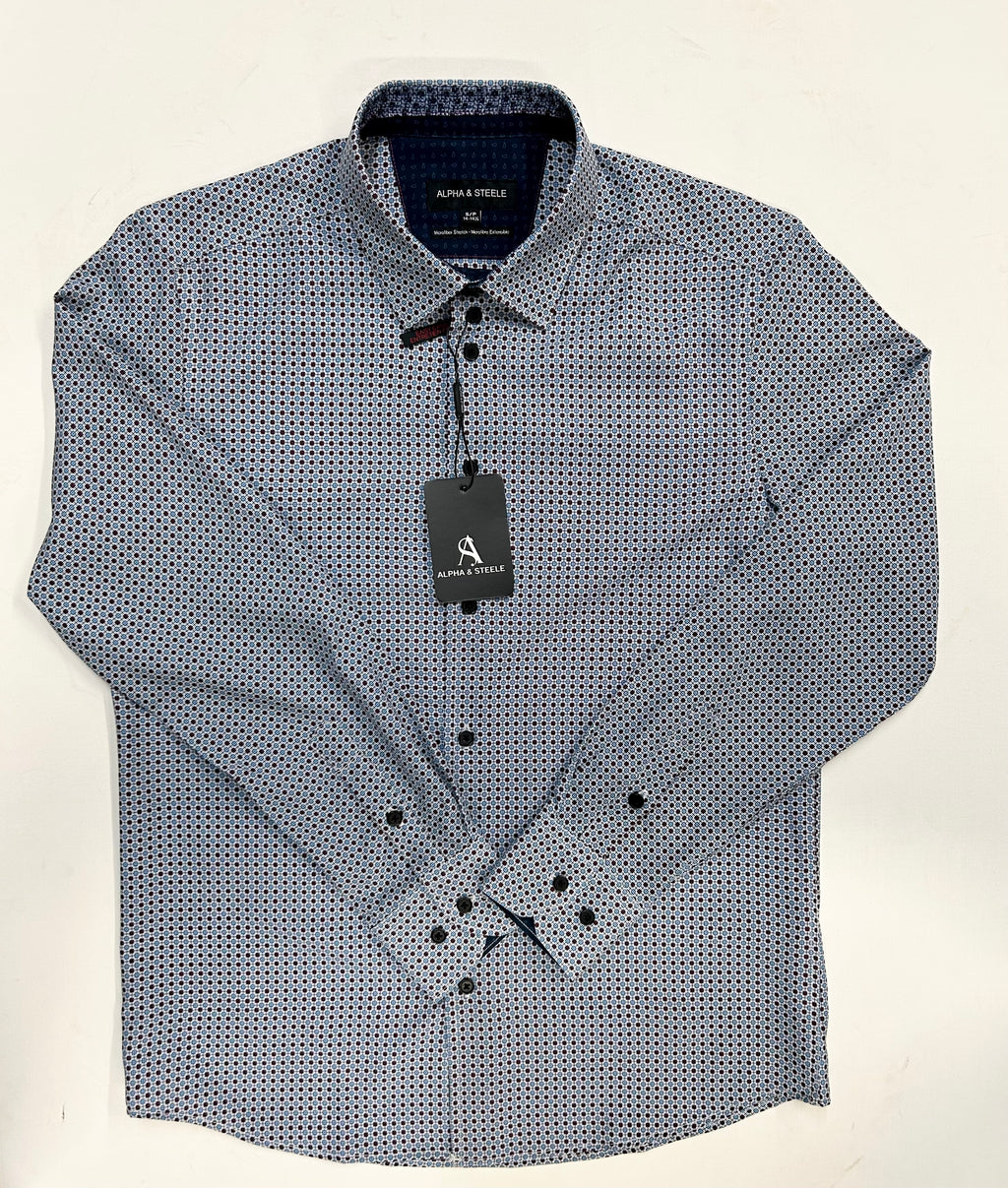 Patterned shirt with a tag on a light gray background