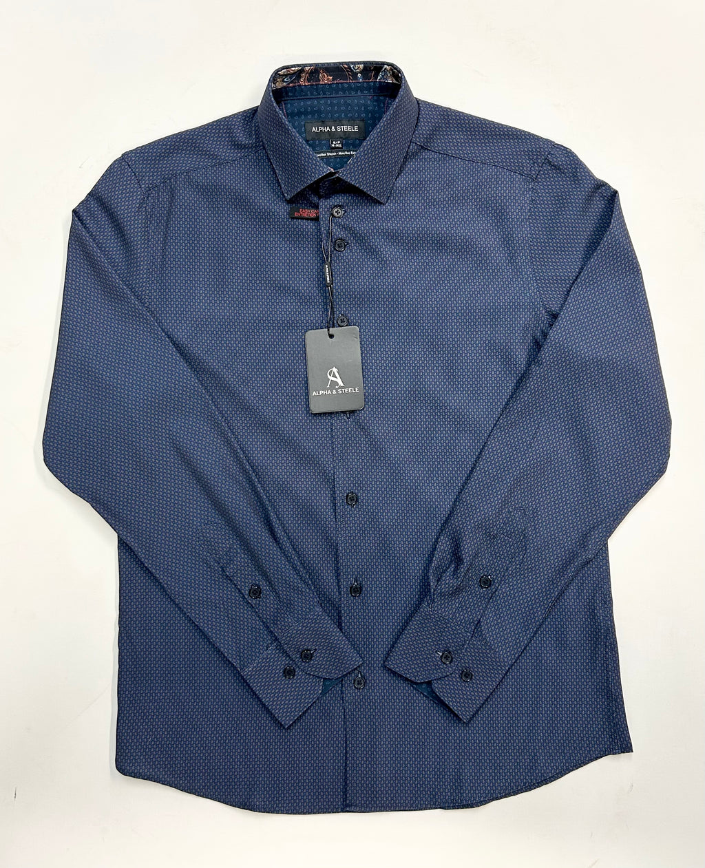 Blue patterned shirt with a tag on a white background