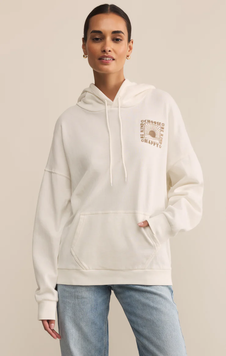 Sea salt off white hoodie with front pocket drawstring hoodie and front graphic. 