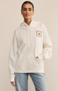 Sea salt off white hoodie with front pocket drawstring hoodie and front graphic. 
