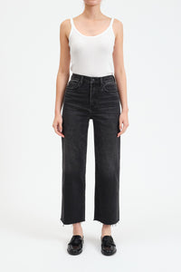 Black high waisted, wide jeans. Ankle length with raw hem. 