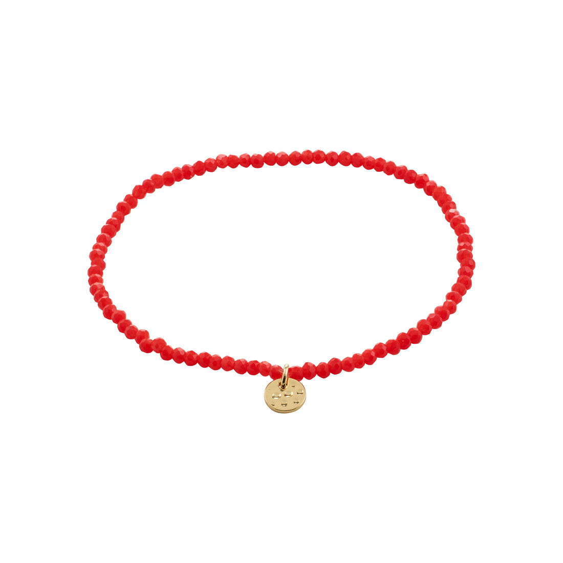 Red beaded bracelet with a gold charm on a white background
