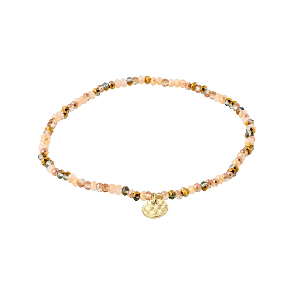 Glass brown beaded bracelet with a gold plated pendant. 