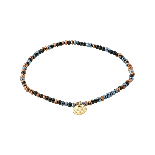 Beaded shades of black bracelet with a gold pendant on a white background