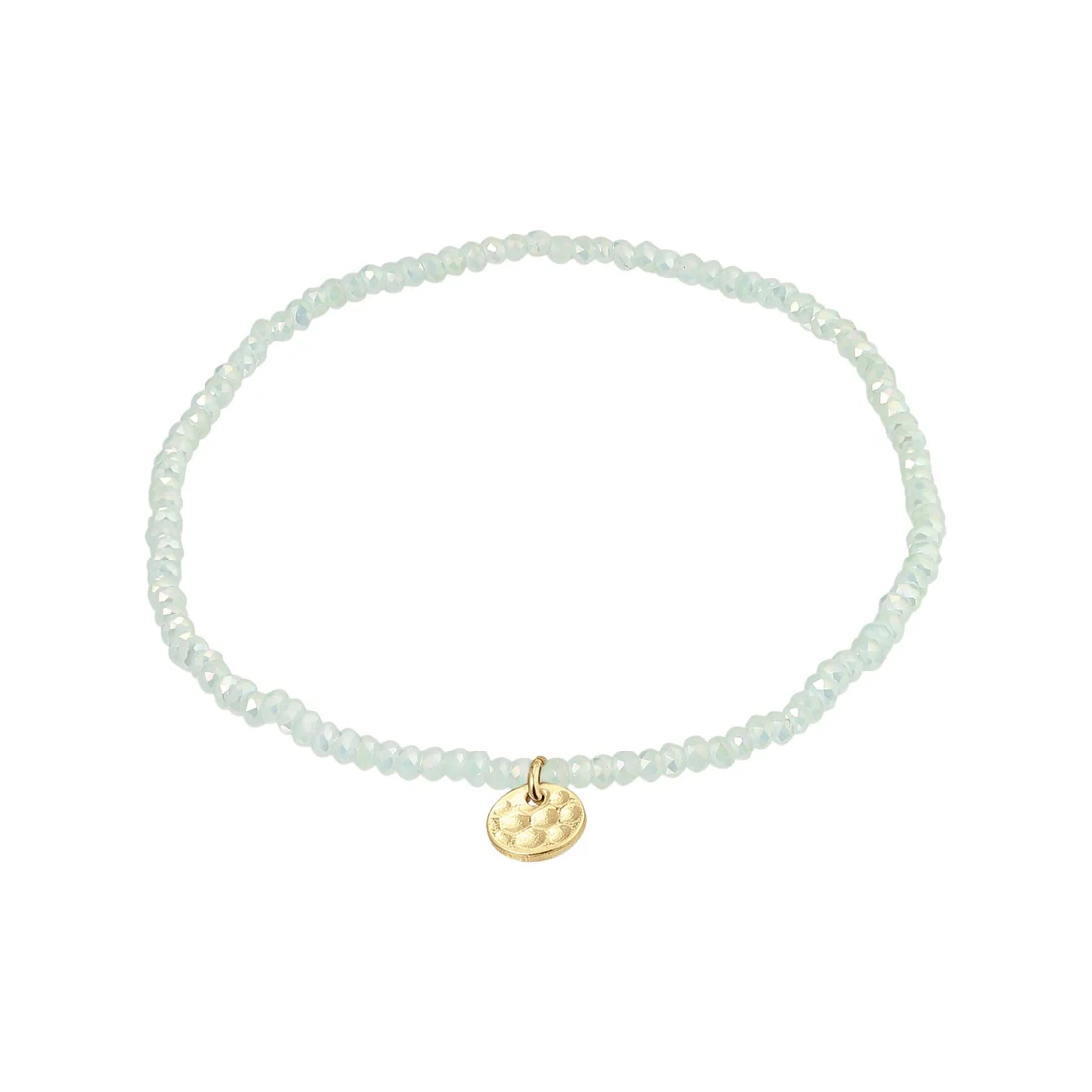 Aqua beaded bracelet with a gold charm on a white background