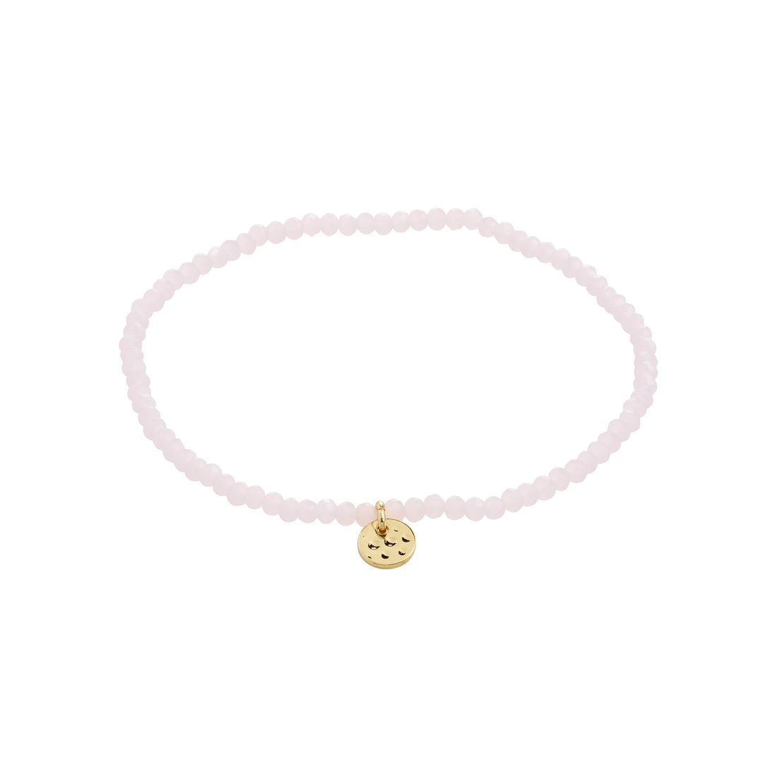 Pink beaded bracelet with a gold charm on a white background
