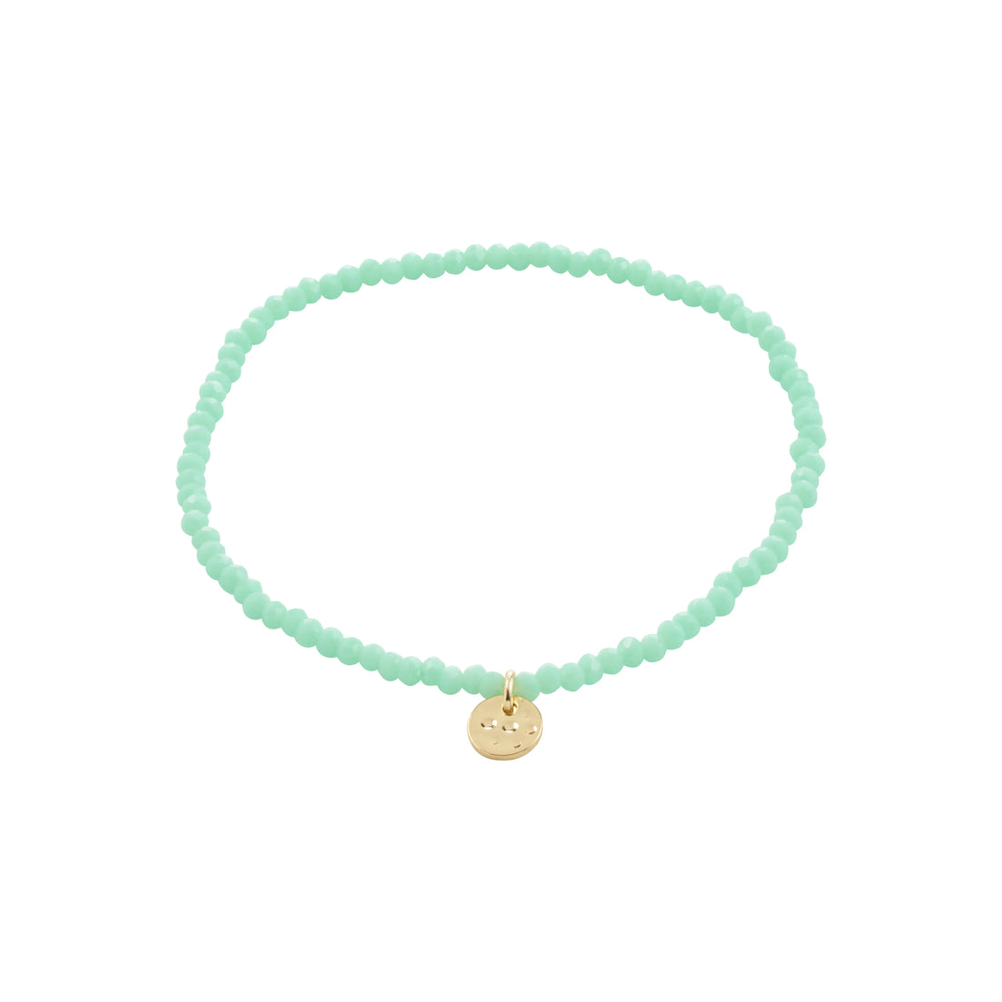 Mint green beaded bracelet with a gold charm on a white background