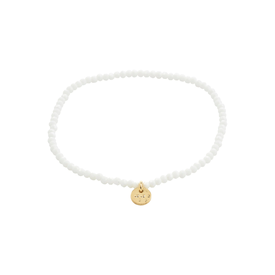 White beaded bracelet with a gold pendant on a white background