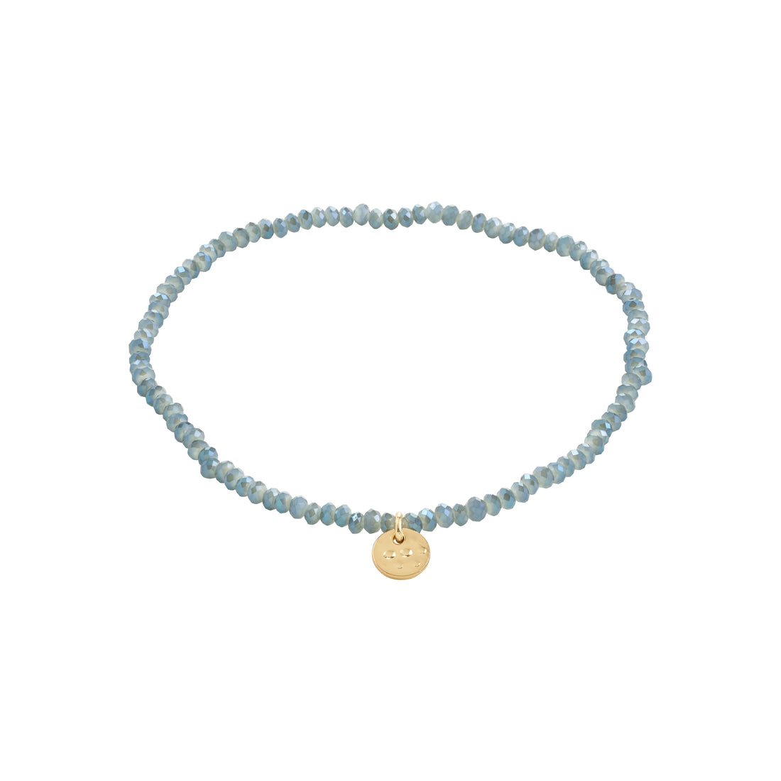 Dusty blue beaded bracelet with a gold charm on a white background